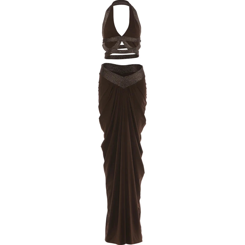 Nibber Prom Party Chic Patchwork 2-teiliges Set Frau Neckholder Low-Neck Rückenfreies Crop Tops + Elastische Taille Lange Röcke Elegante Anzüge