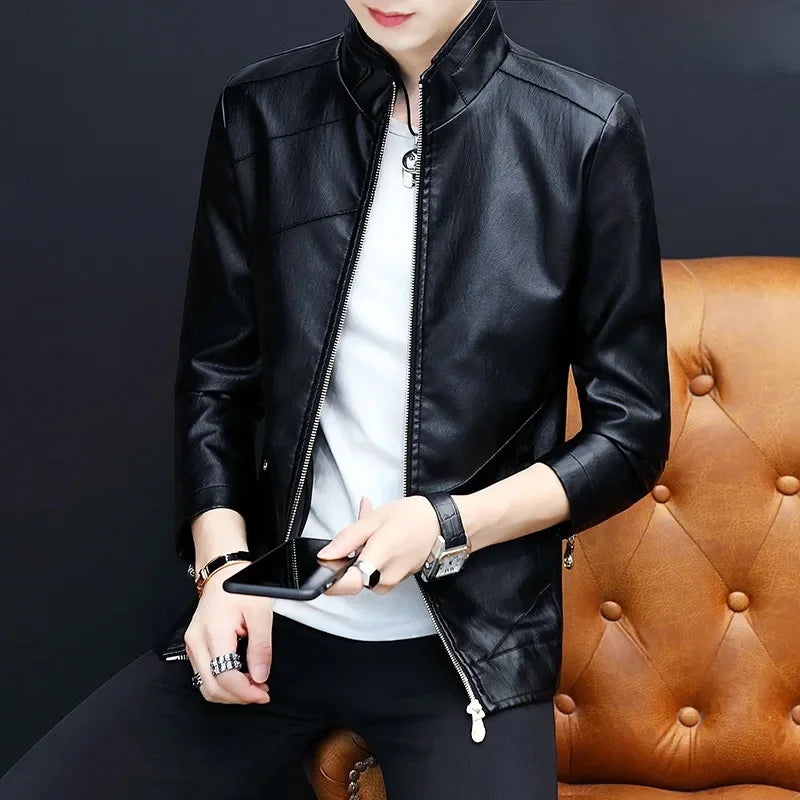 Herren Biker-Lederjacke Herbst Winter Stehkragen Fleece-gefütterte Oberbekleidung Lässiger Stil Kunstleder und Mischleder Mantel