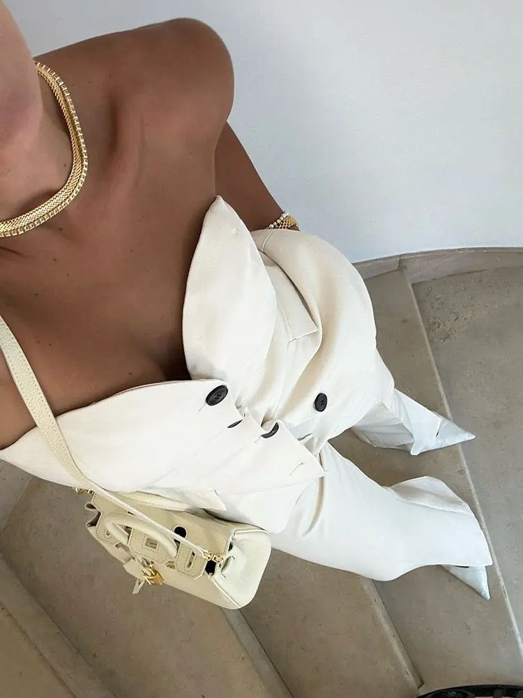 2024 Damen-Hosen-Set, einreihige Tasche, trägerlos, schmales Röhrenoberteil + wilde Damen-Hose mit geradem, weitem Bein und langer Hose, Straße