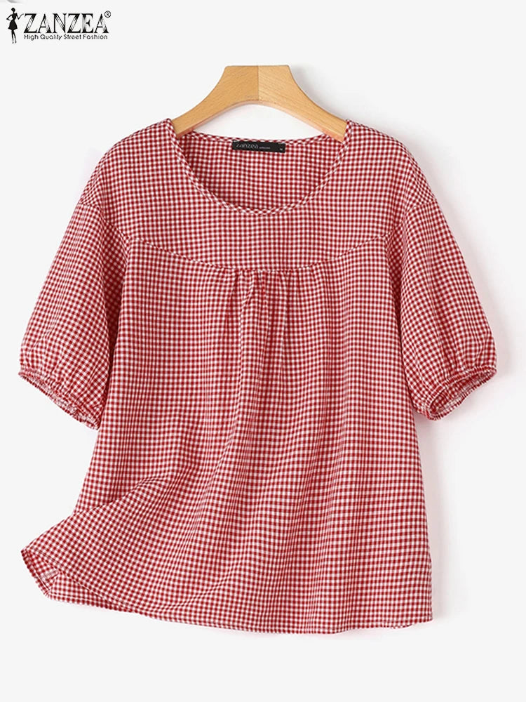ZANZEA Sommer Vintage Frauen Casual Lose Hemd Baggy Plaid Kariert Tops Tunika Mode O Hals Kurzarm Bluse Blusas Chemise