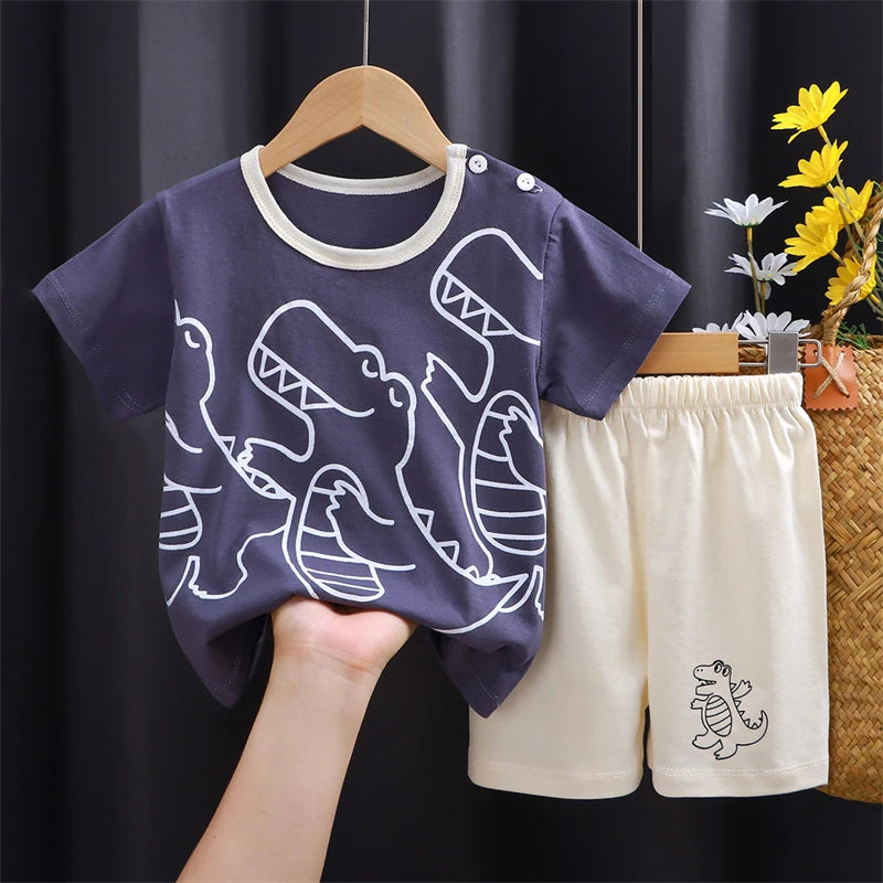 Sommer-Baumwollkleidungsset für Kleinkinder, Cartoon-Dinosaurier-Aufdruck, gestreiftes T-Shirt + Shorts, 2-teilig, Freizeitoutfits für Jungen und Mädchen im Alter von 0 bis 5 Jahren