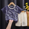 Sommer-Baumwollkleidungsset für Kleinkinder, Cartoon-Dinosaurier-Aufdruck, gestreiftes T-Shirt + Shorts, 2-teilig, Freizeitoutfits für Jungen und Mädchen im Alter von 0 bis 5 Jahren