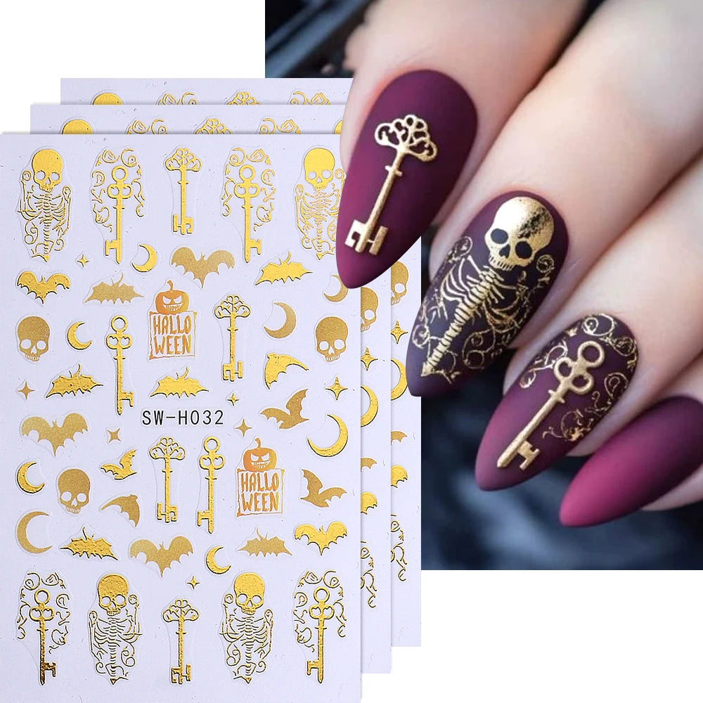 3 Stück Halloween Nagelaufkleber Goldenes Skelett Kürbis Fledermaus Schlüssel Nagelaufkleber y2k Stern Punk Gothic Nagelzubehör Maniküre Dekoration