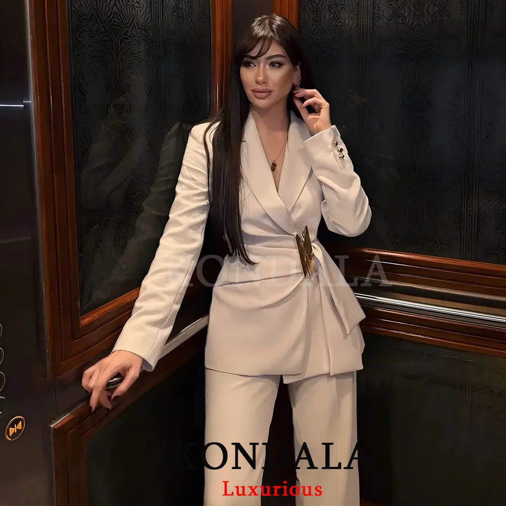 KONDALA Büro-Damen-Chic Weißer Damen-Blazer-Anzug Einfarbiger Langarm-Blazer Lange Reißverschluss-Hose Mode 2026 Frühling Sommer Anzug