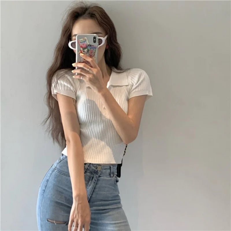 Neues Polo Damen T-Shirt Geripptes Strick-Oberteil Sexy Sommer Basic Shirts Figurbetontes Slim Casual Kurzarm-Top Damen-Oberteil Weiß Schwarz