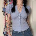 Xingqing y2k Hemden für Damen, Fairy-Grunge-Kleidung, gestreift, Revers, V-Ausschnitt, kurze Ärmel, Button-Down-Bluse, Tops, Sommer, Club, Streetwear