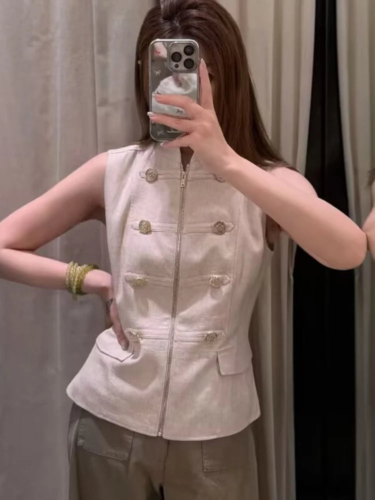    TFMLN Damen Vintage Westen & Mäntel 2026 Sommer Einfarbig Reißverschlüsse Knöpfe Stehkragen Elegante Streetwear Weste Modisch Schmal Geschnitten