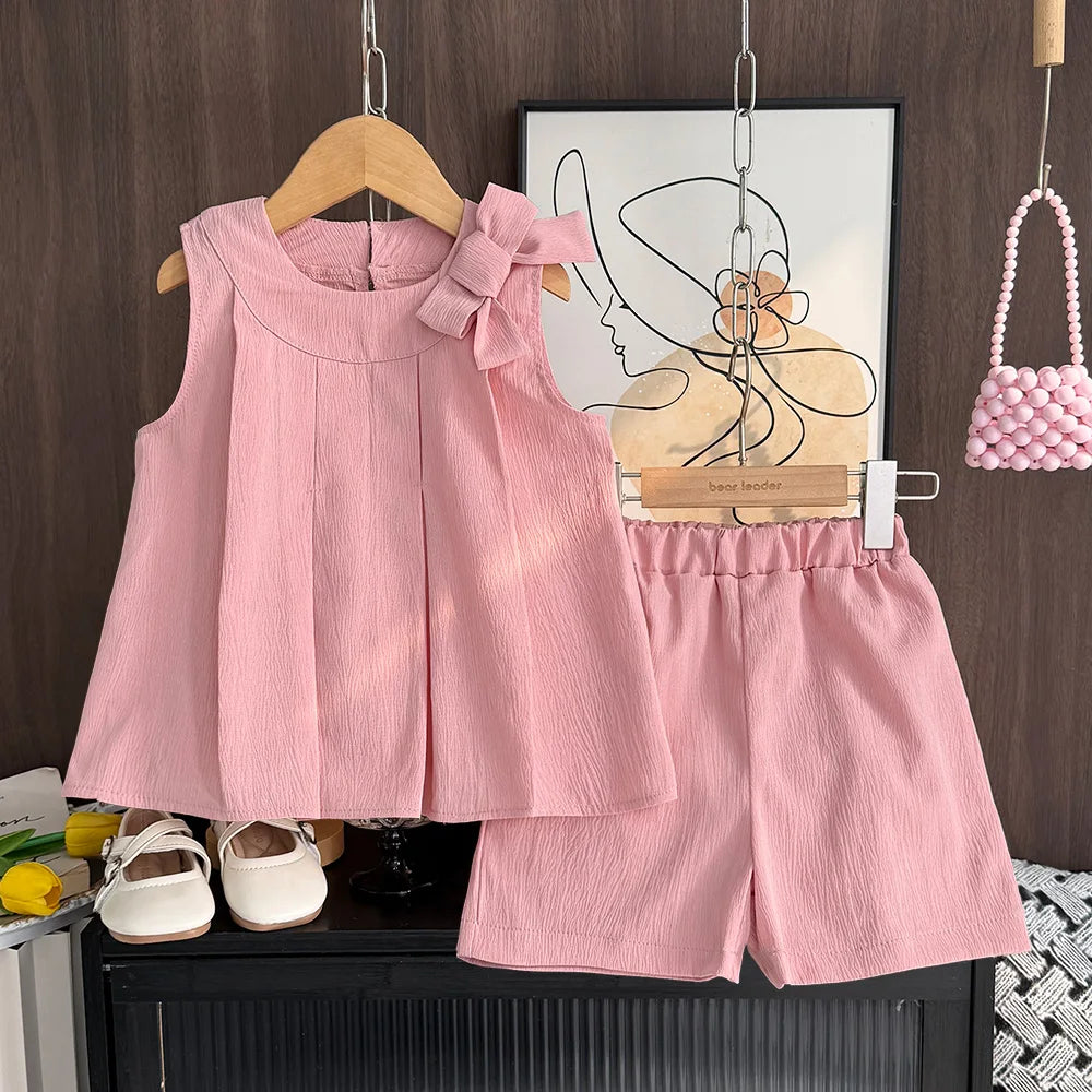 Bär Führer Süße Rosa Mädchen Kleidung Sommer Ärmellose Bogen Dekoration Plissee Weste + Shorts 2 Stück Olid Farbe Casual kinder Set