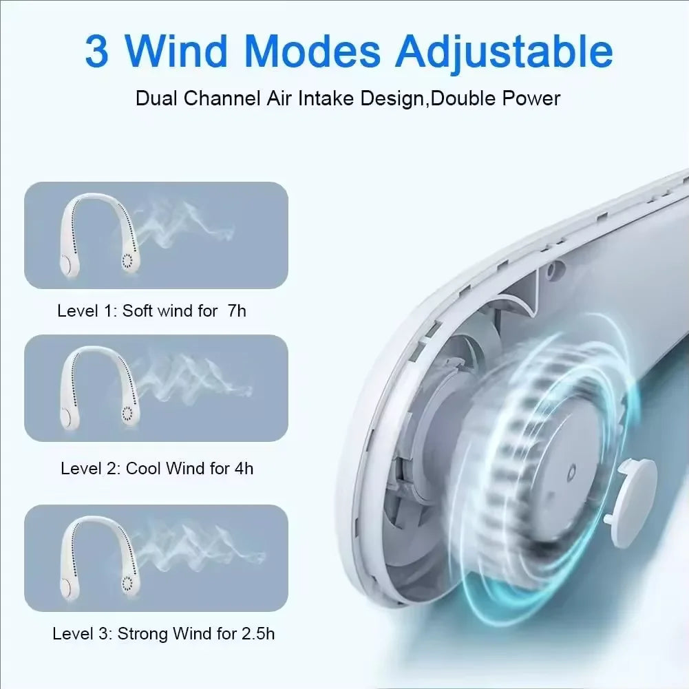 Freihändiger Nackenventilator, tragbarer, über USB wiederaufladbarer, blattloser Kühlventilator, leiser, tragbarer Ventilator für Sommerreisen, 3 Geschwindigkeiten, Mini, lange Akkulaufzeit