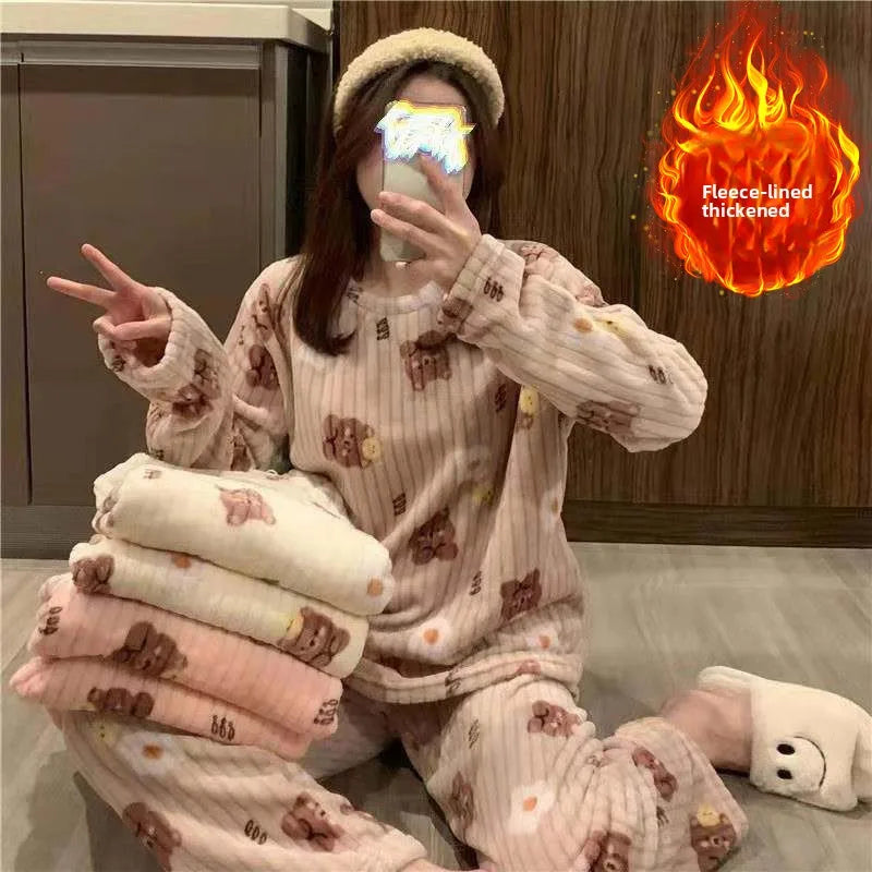 Herbst-Winter-Nachtwäsche, zweiteiliges Set, bezaubernder Pyjama aus pfirsichfarbenem Korallen-Flanell, modische warme Loungewear für Zuhause darüber hinaus
