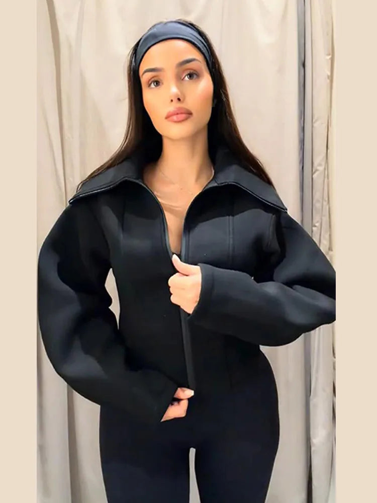 Damen Schwarze Reißverschluss-Jacke mit Revers, Eleganter Langarm-Cropped-Mantel mit Taillierung, Frühjahr 2026, Schicke Lässige Streetwear-Oberbekleidung