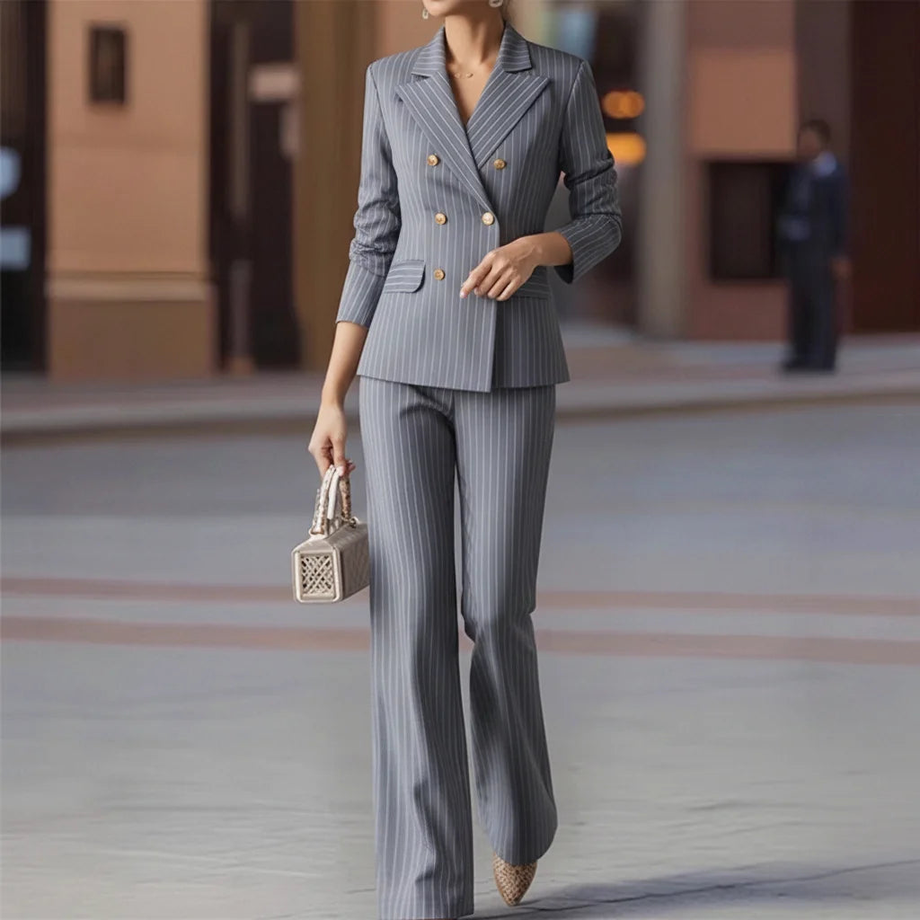 Modischer Herbst-Winter Damen-Hosenanzug Gestreifter Business-Arbeitsanzug Jacke Blazer und Hose Formelles 2-Teiliges Set