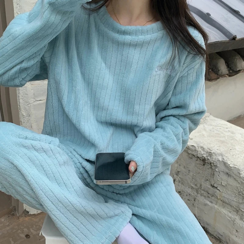 Herbst Frauen Feste Warme 2 Stück Sets Verdicken Samt Rippen Fleece Set Pullover Und Hosen Frauen Casual Pyjama Sets 2023