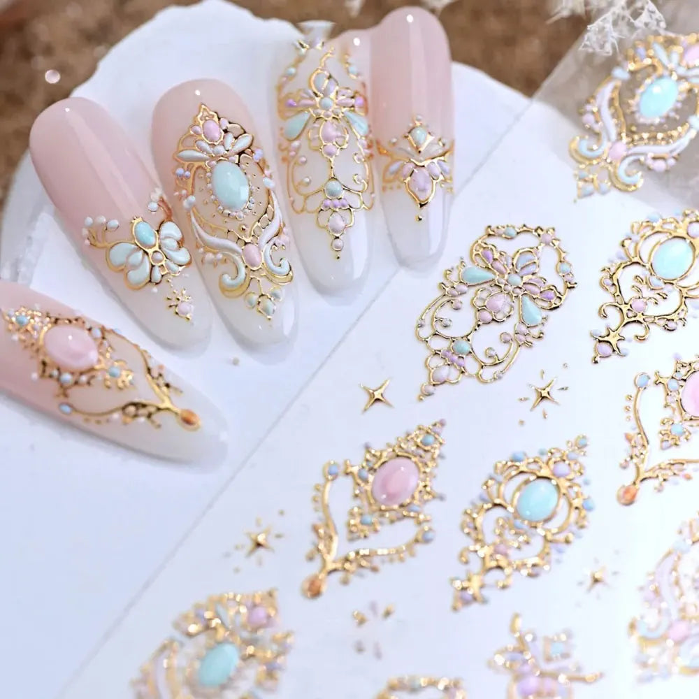 1 Stück 5D geprägte Gold rosa Diamant Halskette Nagelaufkleber Vintage Barock Zepter Nagelaufkleber selbstklebende Nägel Kunstdekoration