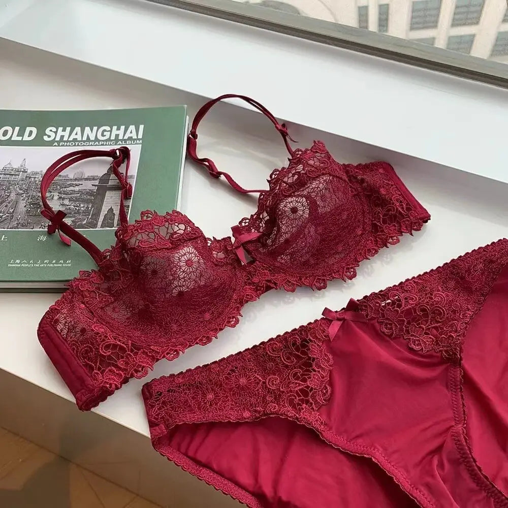 Sexy Spitzen-BH-Set für Damen in Übergröße, halbtransparent, ultradünn, mit Nippelabdeckung, erotische Dessous, Push-up-Komfort-Unterwäsche-Set