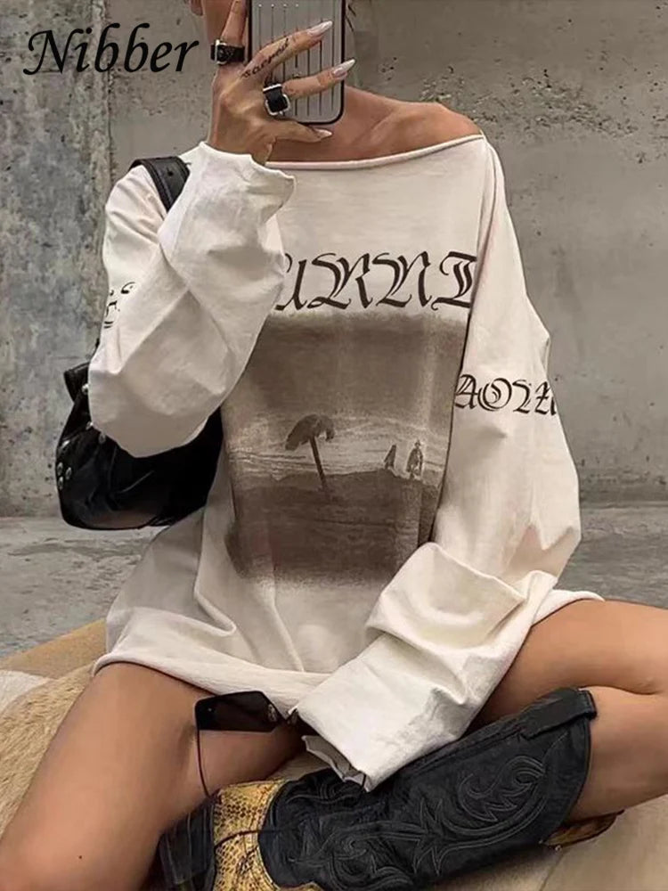 Nibber lässig lose Pullover T-Shirt Frauen Herbst Trend Schräg kragen voller Ärmel Grafiken drucken lässigen Komfort wilde tägliche T-Shirts