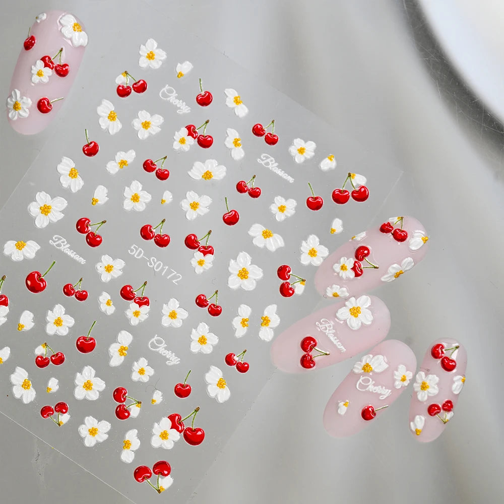 5D Frische Kirschblüten Nagelaufkleber Geprägte Frühlings-Blumen- und Fruchtdesigns DIY Süße Maniküre-Dekorationen