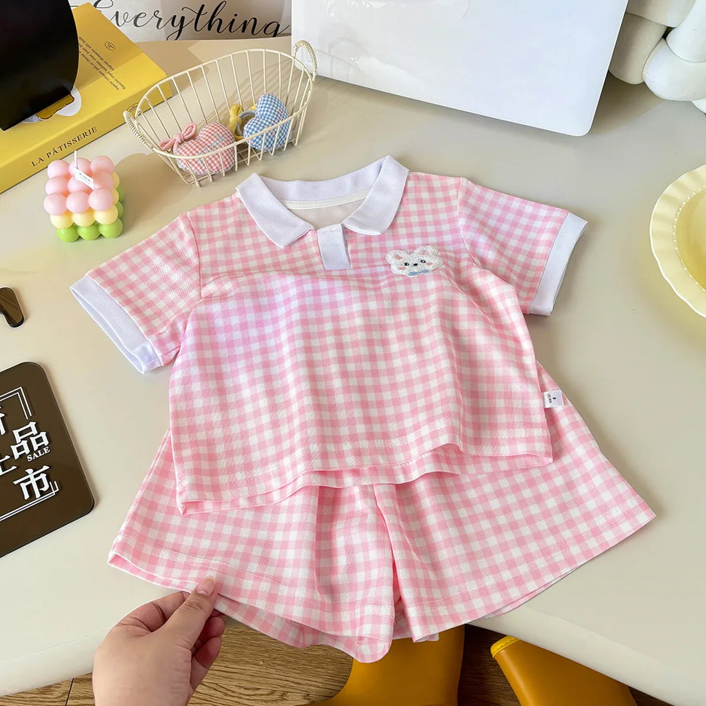 2-teiliges Set für Babys und Kleinkinder: Kariertes Polo-Oberteil + Shorts, Sommerliches Neues Stylisches Gestreiftes Freizeit-Set für Jungen und Mädchen