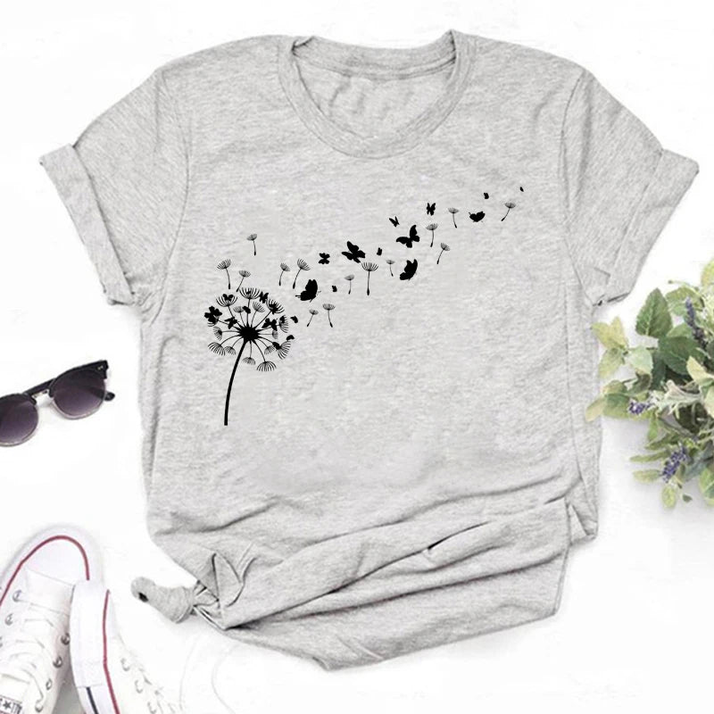 Neue Löwenzahn gedruckt Frauen T-Shirt Cartoon Grafik gedruckt schwarz Damen T-Shirt lässig Frau Shirt lustige T-Shirts