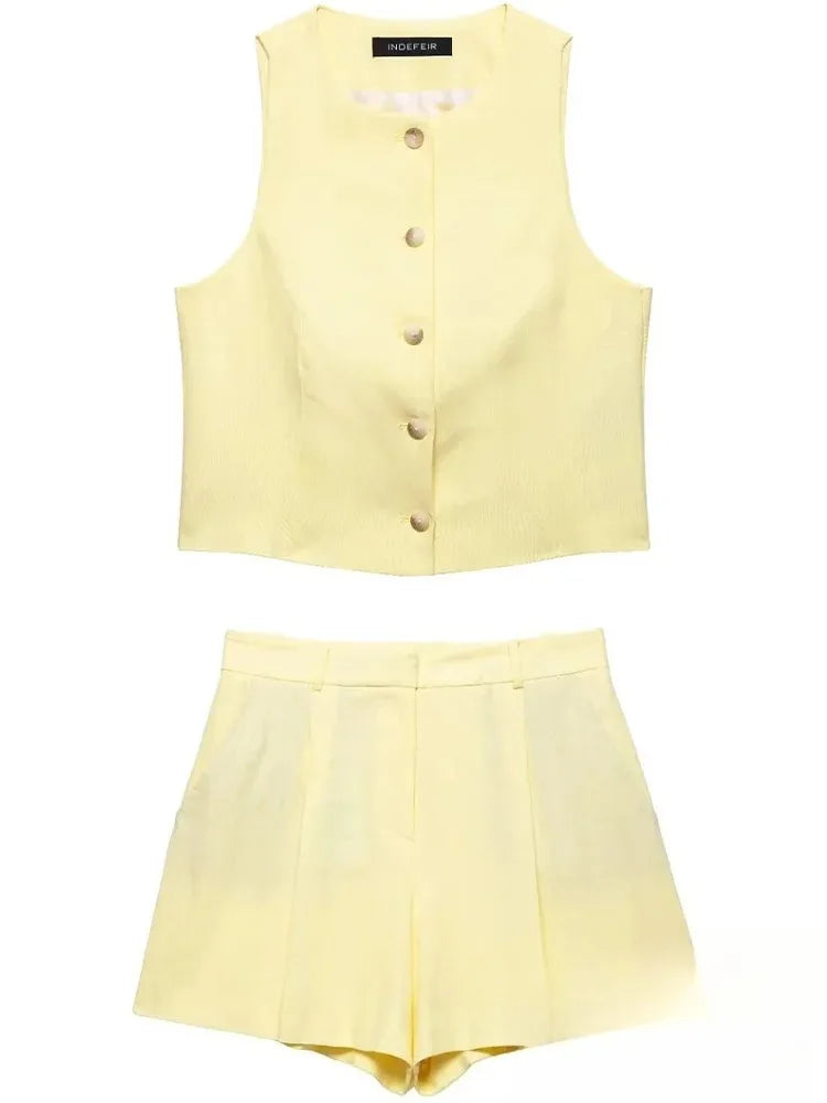 KONDALA Casual Chic Butter Gelb Frauen Anzug Solide Oansatz Taste Ärmelloses Top Zipper Gerade Shorts Mode 2025, Sommer Sets
