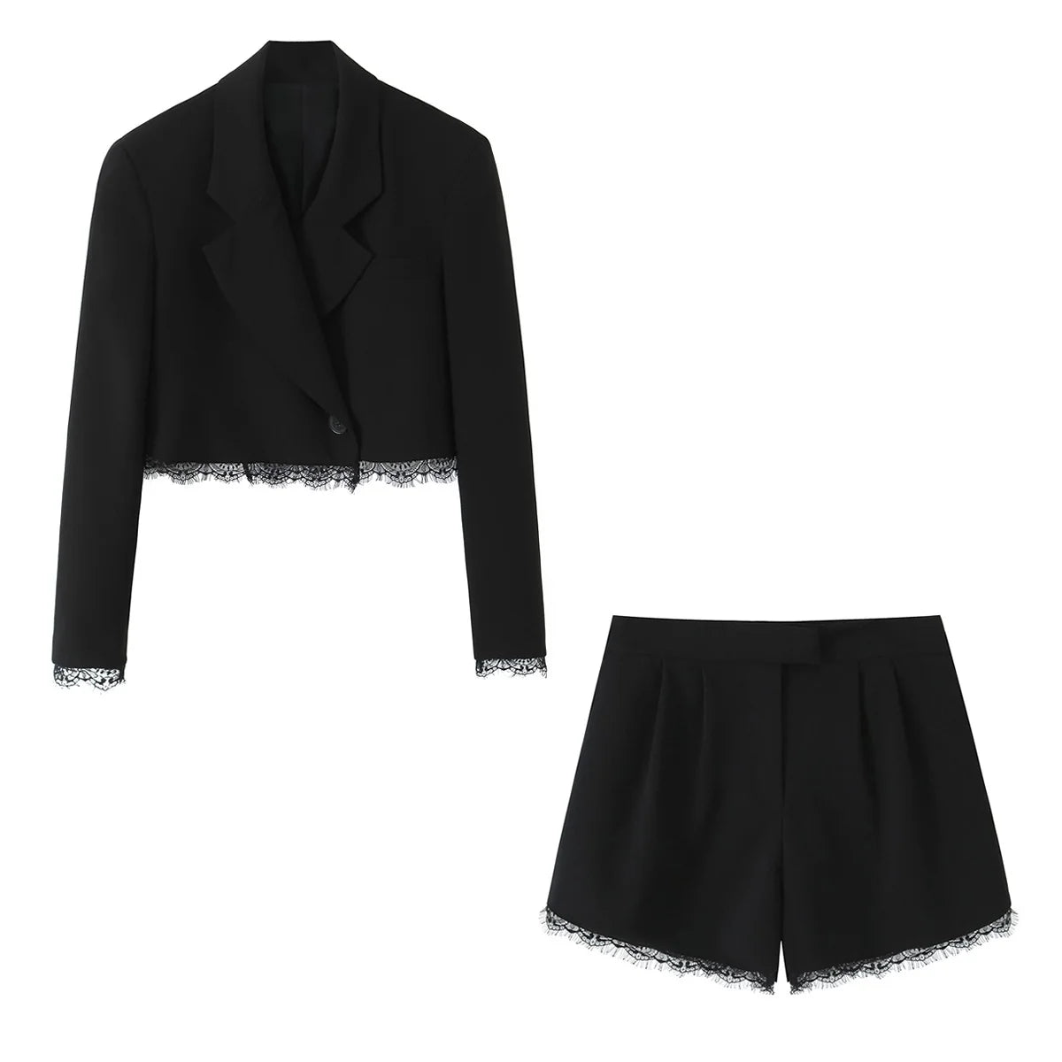 KONDALA Vintage Elegantes Damen-Frühlings-Set 2026: Kurzer Blazer mit Spitze und Reißverschlusstaschen + Schicke Freizeit-Shorts für Frauen