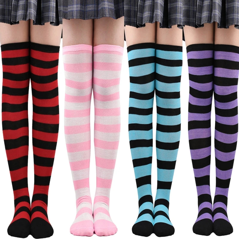 Frauen Gestreiften Druck Über Knie Lange Socken Oberschenkel Hohe Strümpfe für Weihnachten Halloween Anime Cosplay Kostüm Zubehör M6CD