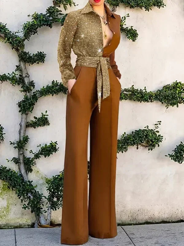 2026 Neuer Damen-Jumpsuit: Modischer V-Ausschnitt, sexy Einteiler mit weitem Bein, glänzende elegante Party-Romper, schicke Freizeit-Bodysuits für Damen