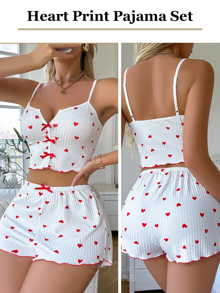 FINETOO Damen 2-teiliges Camisole-Top mit durchgehender Herzdruck und Shorts, Pyjama-Set, Schleife vorne, Nachtwäsche, Loungewear für Nachtwäsche