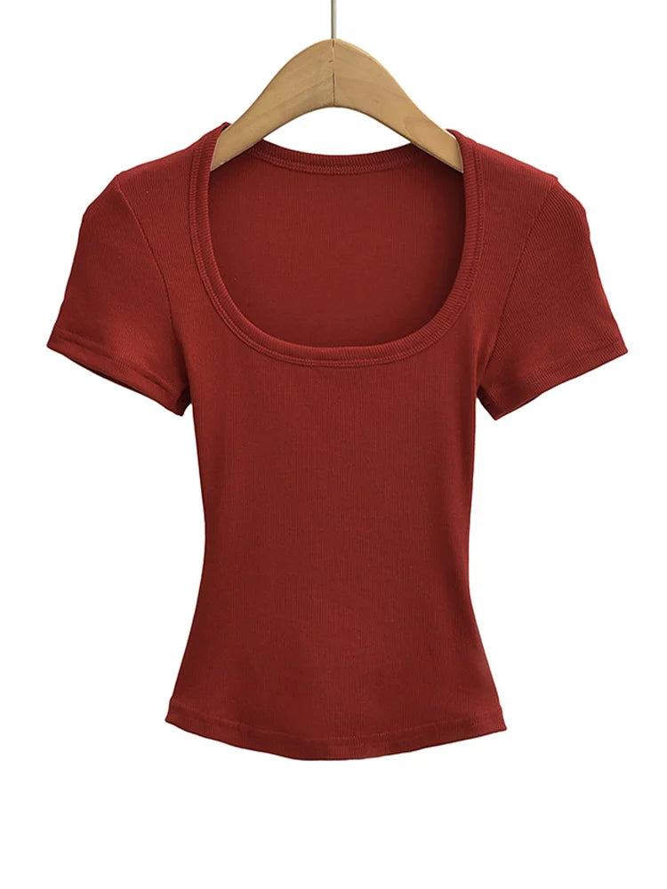 Damen Square Collar Slim Fit Crop Top High Stretch Kurzarm Pullover Sexy Sommerbluse T-Shirt Bottoming