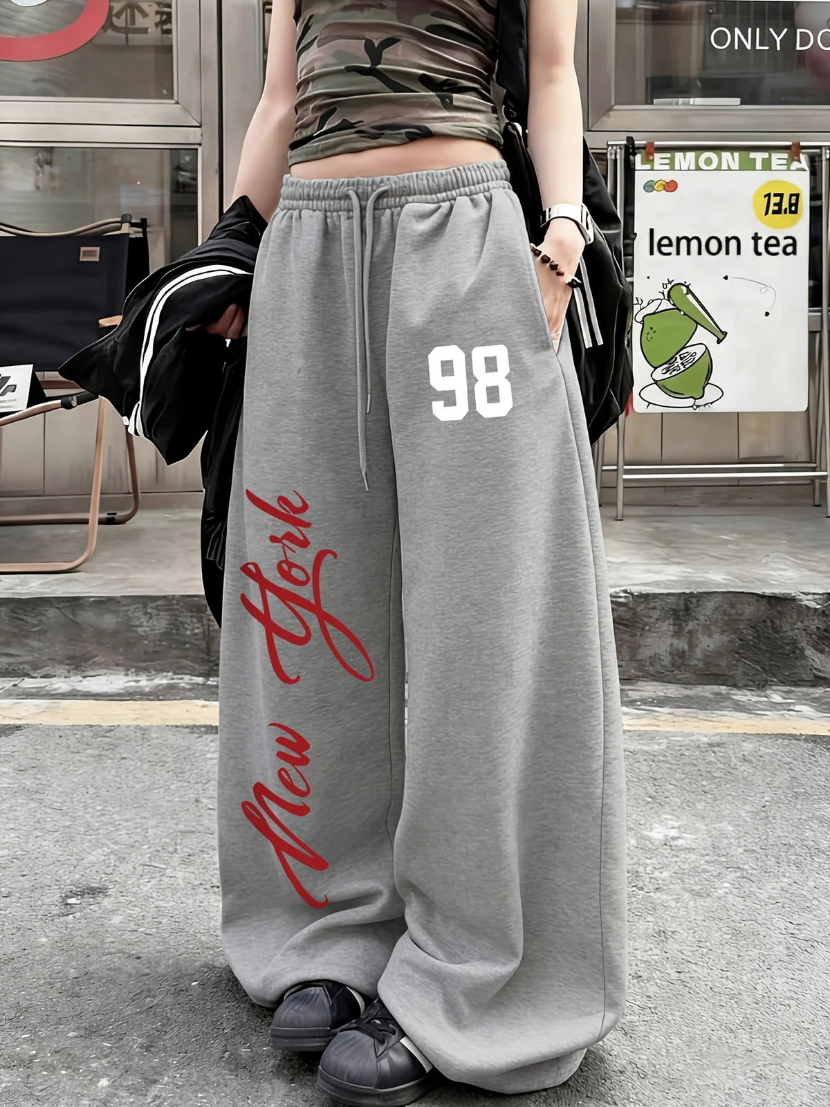 Damen Streetstyle Lässige Jogginghose mit Schriftzug – Neuheiten für den Frühling, Fleece, Lockerer Schnitt, Streetwear, Oversized