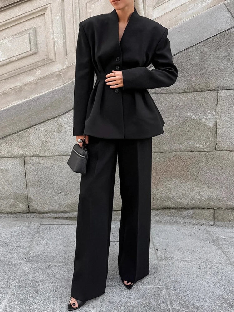 Elegantes Blazer-Hosen-Set für Damen Einfarbiger V-Ausschnitt Langarm-Knopfjacke Weite Hose Frühjahr Neue Mode Büro-Damen-Outfits