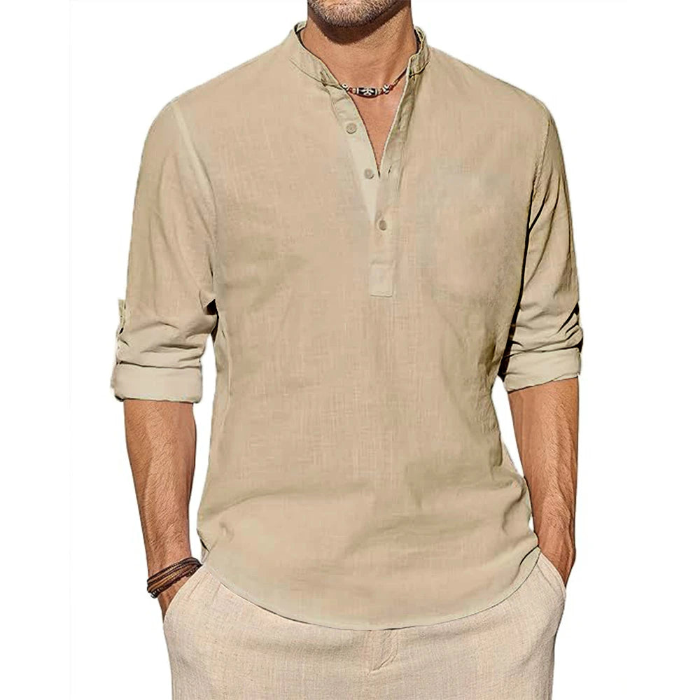 Neue Baumwoll-Leinen-Hemden für Herren, Freizeithemden, leichtes, langärmliges Henley-T-Shirt, einfarbige Langarm-Tops, aufrollbar