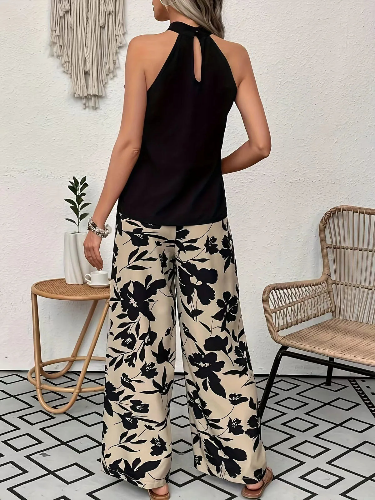 Damen-Hose mit großem Blumenmuster, weitem Bein, elastischem Kordelzug, hoher Taille, lockerer Passform, in voller Länge, lässige Sommer-Strand-Palazzo-Hose
