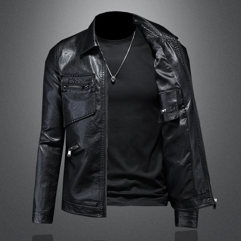 2024 Herbst und Winter neue Herrenmode schönen Trend Geschäft Freizeit Revers Motorrad Ledermantel schlanke stilvolle Mann M-4XL