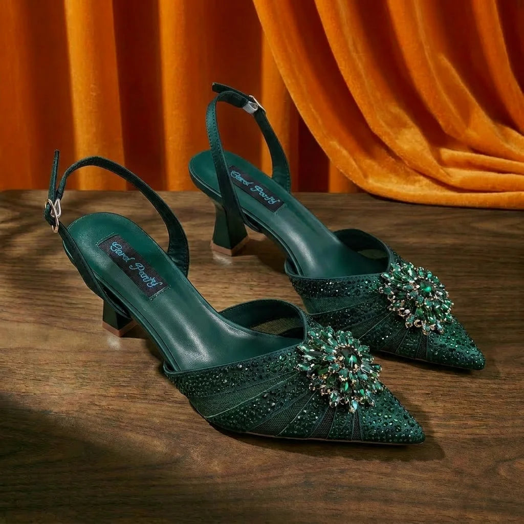 2026 Elegante grüne Strass-Slingback-Absätze für Damen & passendes Handtaschen-Set – Komfort inklusive – Stylische Schuhe mit spitzer Zehenpartie