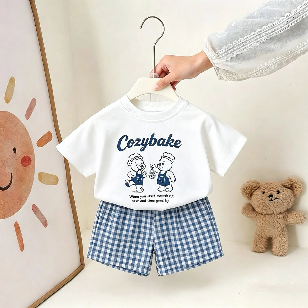 Cartoon Mode Jungen Kurzarm T-Shirt + Karierte Shorts Set Kinderkleidung Sommer Dünner Einfacher Lässiger Trainingsanzug Kinder-Sets