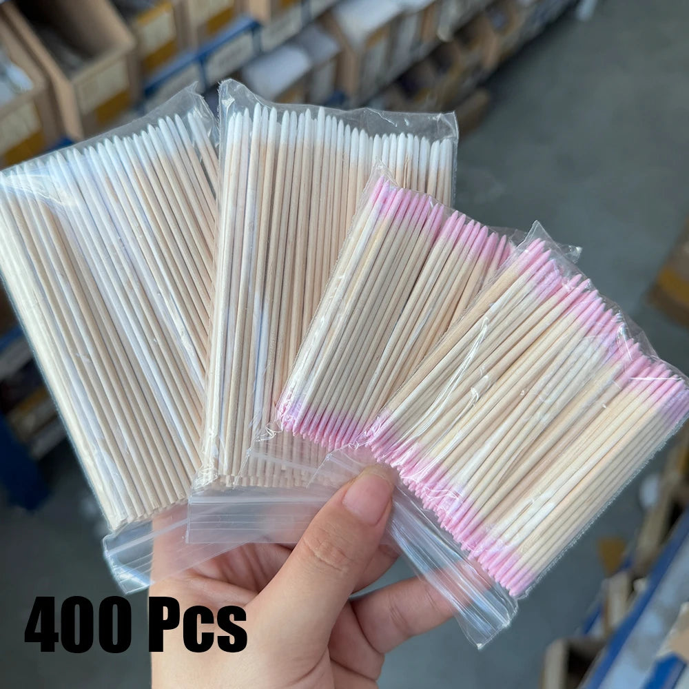 400 Stück rosa Doppelkopf-Nagelkunst-Nagelhautschieber-Entferner, 7 cm, orangefarbene Holzstäbchen, Wattestäbchen, sauberes Werkzeug für Nagel-Strass-Make-up