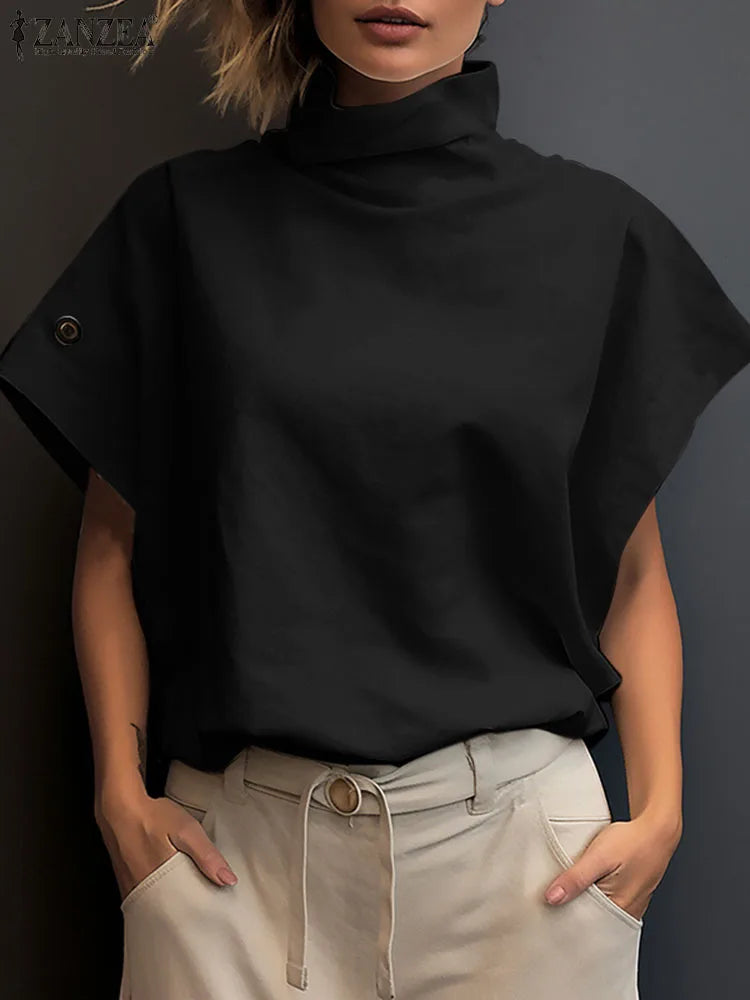 ZANZEA Frauen Stilvolle Tunika Tops Sommer Büro OL Shirts Kurzarm Elegante Arbeit Bluse Weibliche Rollkragen Blusas Mujer Oversize