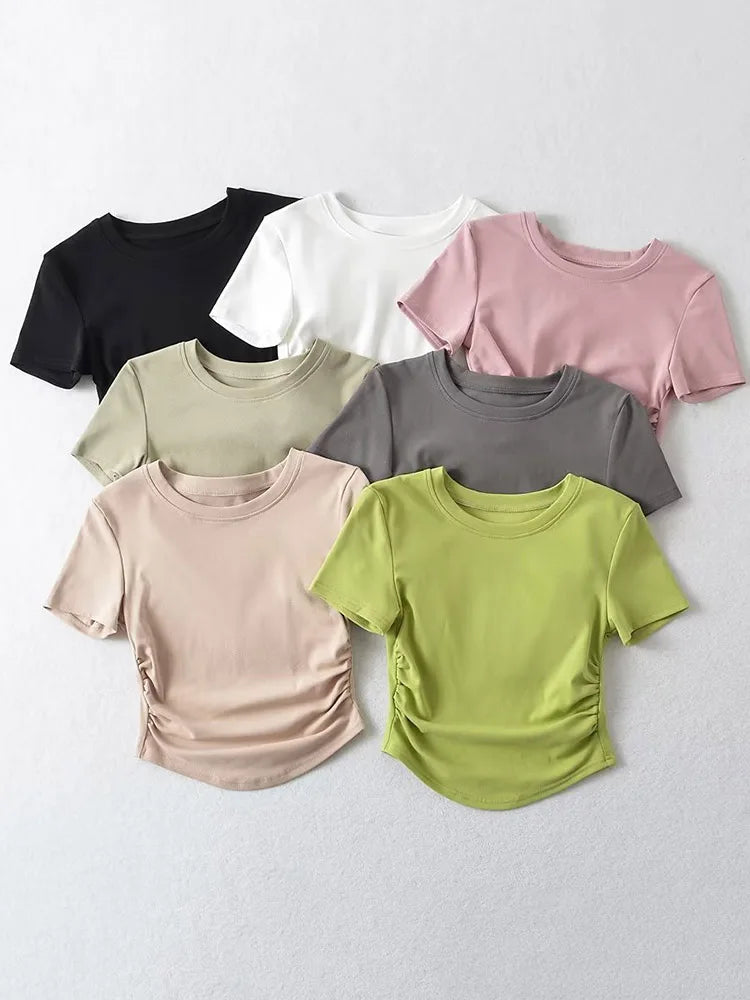 Harajuku Damen-T-Shirt aus Baumwolle mit Rundhalsausschnitt und gerüschten Seitendetails