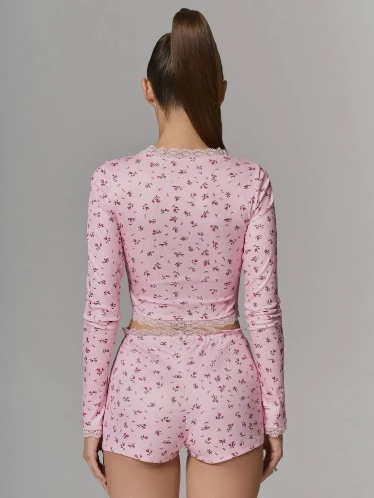 Damen-Schlafanzug mit Blumenmuster und Spitzenbesatz, Kurzarm-Oberteil und Shorts, Lässige Bequeme Sommer-Loungewear