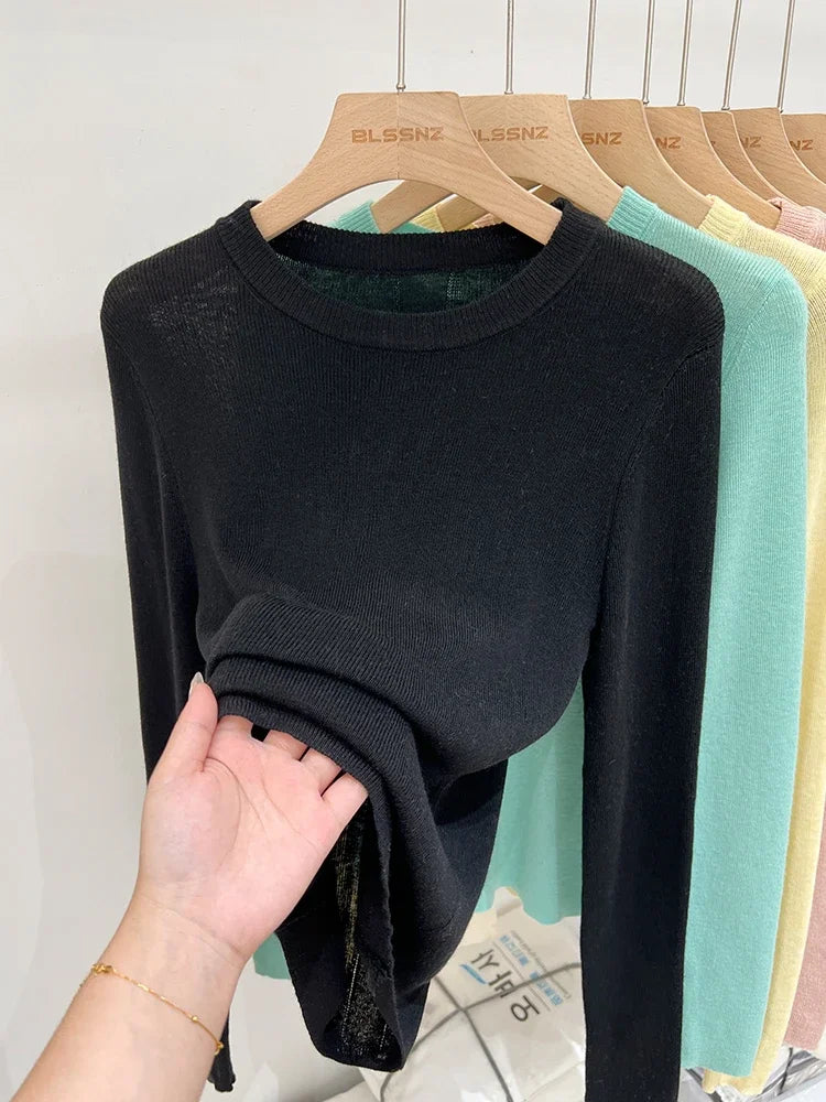 Frühling Grundlegende Oansatz Dünnes T-Shirt Frauen Solide Multi Farbe Alle-Spiel Trend Casual Top Schraube Stricken Langarm Elastische büro Dame