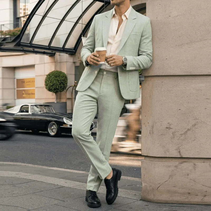 KIDWHXR Herren 2-teiliges Hochzeits-Set Koreanischer Einfarbiger Einreihiger Blazer mit Taschen Gerade Geschnittene Hose Schlanker Casual Anzug Outfit