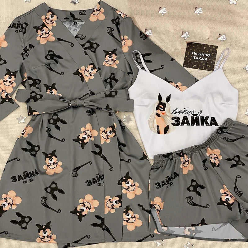 Lavendel Print Damen Sommer sexy Pyjama hose Set 3 Stück Satin mit Seide Nachtwäsche Robe Mode und bequeme Nachtwäsche