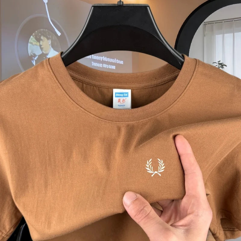 100% reine Baumwolle, hochwertiges Marken-Herren-T-Shirt mit Rundhalsausschnitt und kurzen Ärmeln, Sommermode, luxuriöses Weizen-Stickerei-Design, lässiges T-Shirt