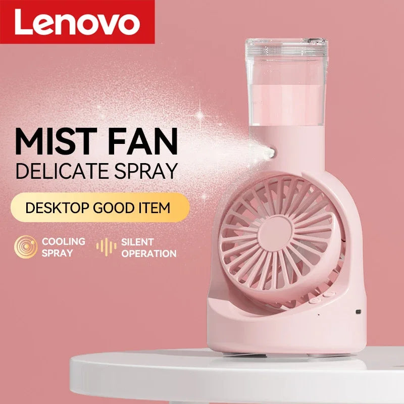 Lenovo Mist Spray Mini-Ventilator, tragbarer Handventilator, extrem lange Akkulaufzeit, feuchtigkeitsspendender, kühlender, temperaturreduzierender Desktop-Ventilator