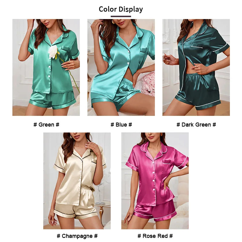 Damen Satin Pyjama Set Sommer Nachtwäsche Lounge wear Kurzarm Revers Top & Shorts Pyjama Knopf Home Kleidung Pyjama Pyjama Pjs Set