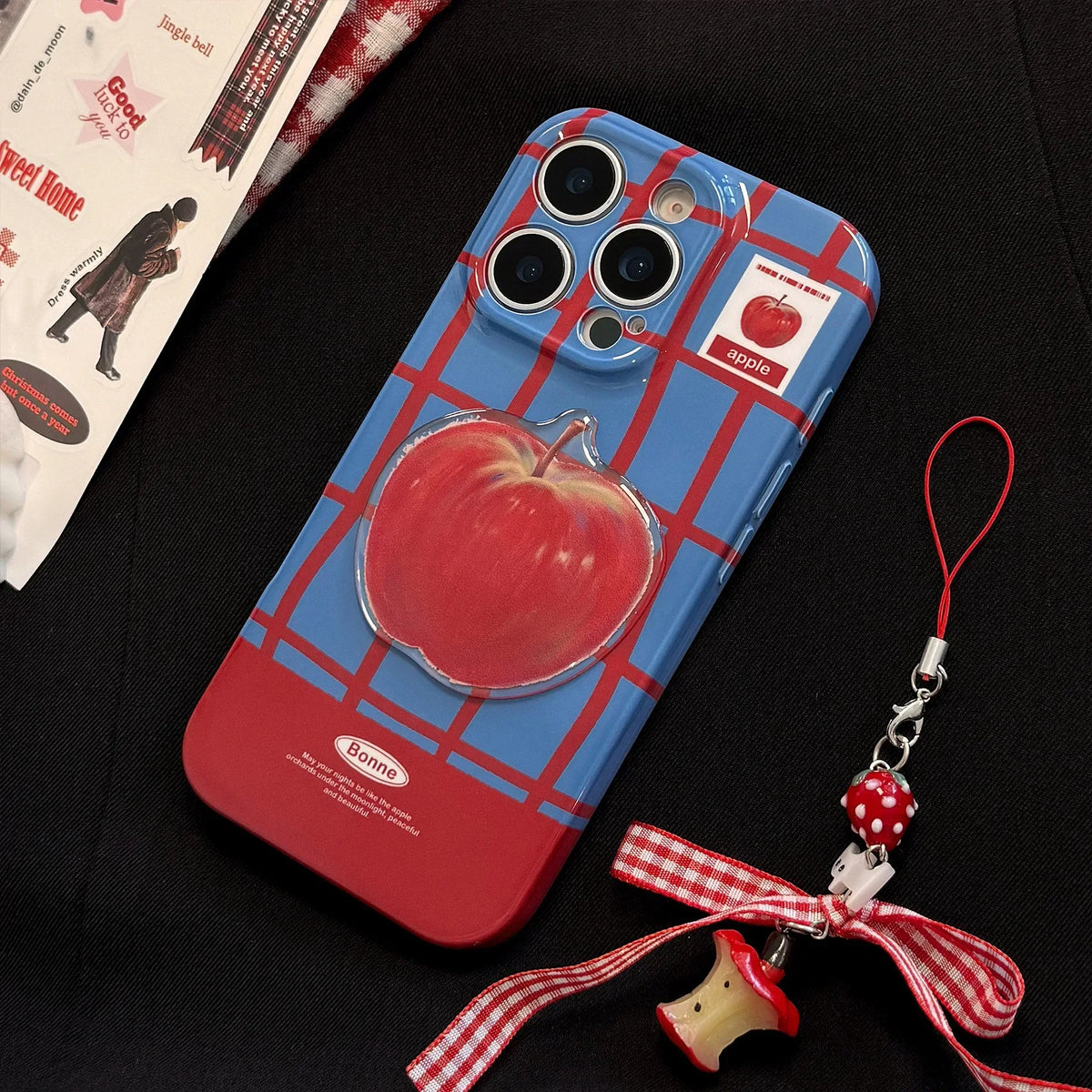 Koreanische Karierte 3D Rote Apfel Handyhülle mit Kette für iPhone 17 Air 16 15 14 13 12 11 Pro Max XS XR X 8 Plus Stoßfeste Hartschale