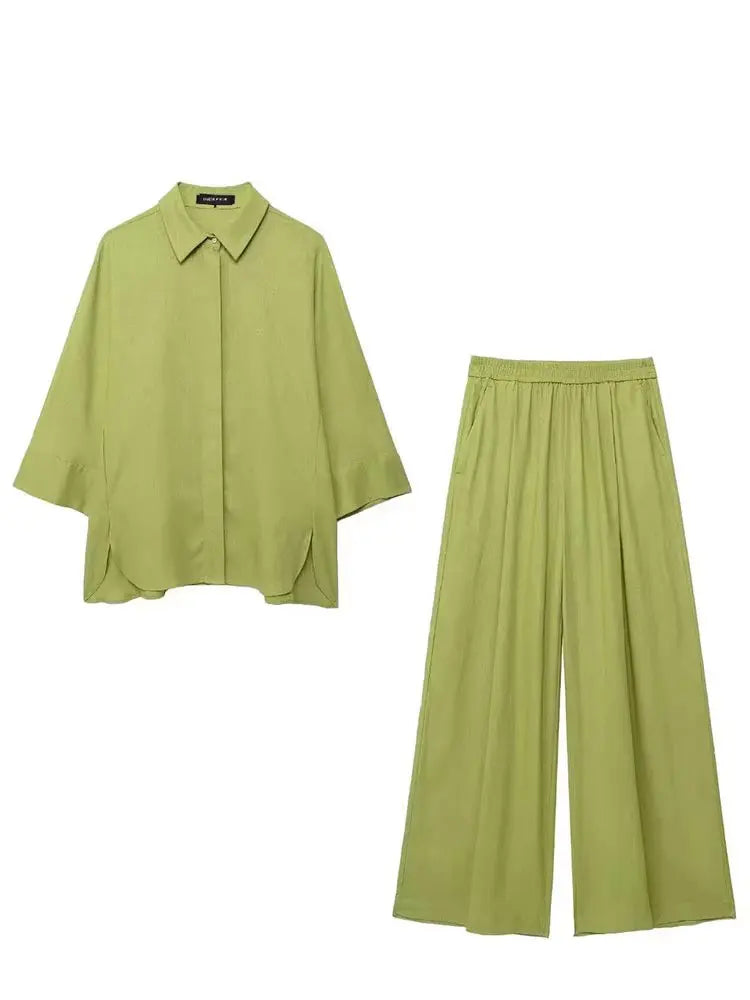 HH Frauen Casual Solide Bluse Hose Sets Lose Langarm Revers Shirts Elastische Taille Breite Bein Hosen Büro Dame Anzug