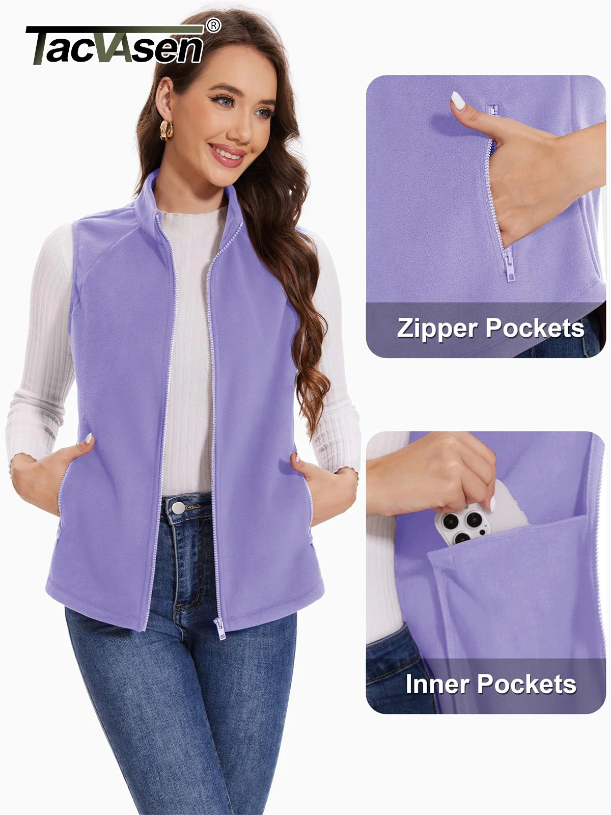 TACVASEN Herbst Winter Fleece Weste Damen warme ärmellose Jacken mit durchgehendem Reiß verschluss leichte Outdoor-Wander weste weibliche Weste
