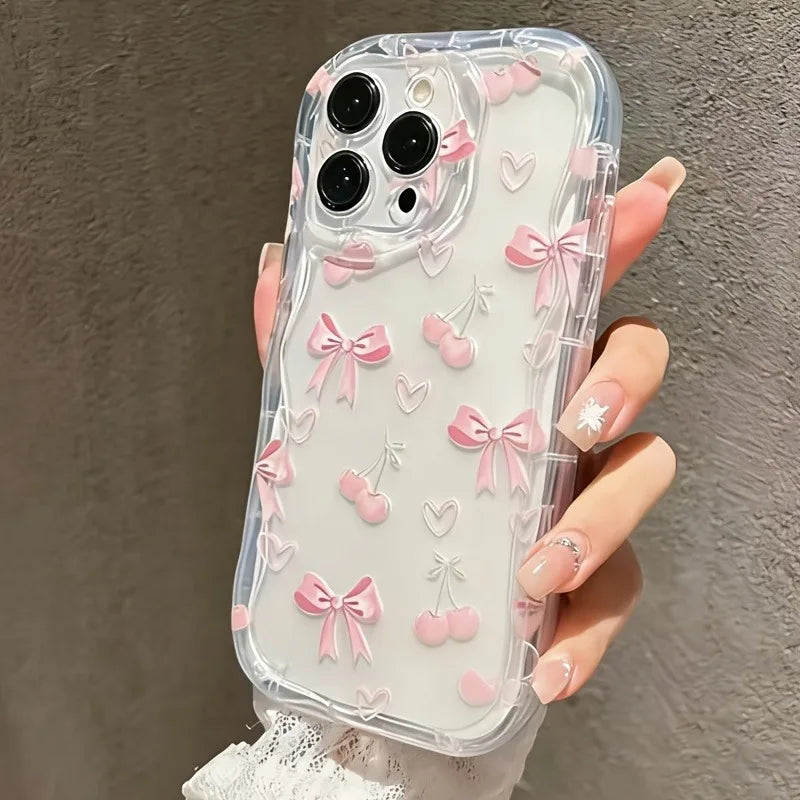 Rosa Kirschblüten-Schleifenmuster Wellenrand-Handyhülle für iPhone 17 Pro Max 16 15 14 Plus 13 12 11 Pro Max 16e 17e Transparente Hülle